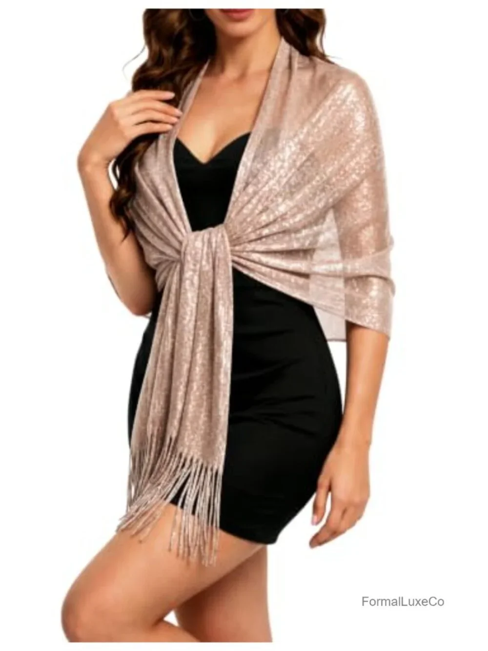 Metallic Glitter Pashmina Shawl Wrap with Buckle, 100% Polyester, Formal